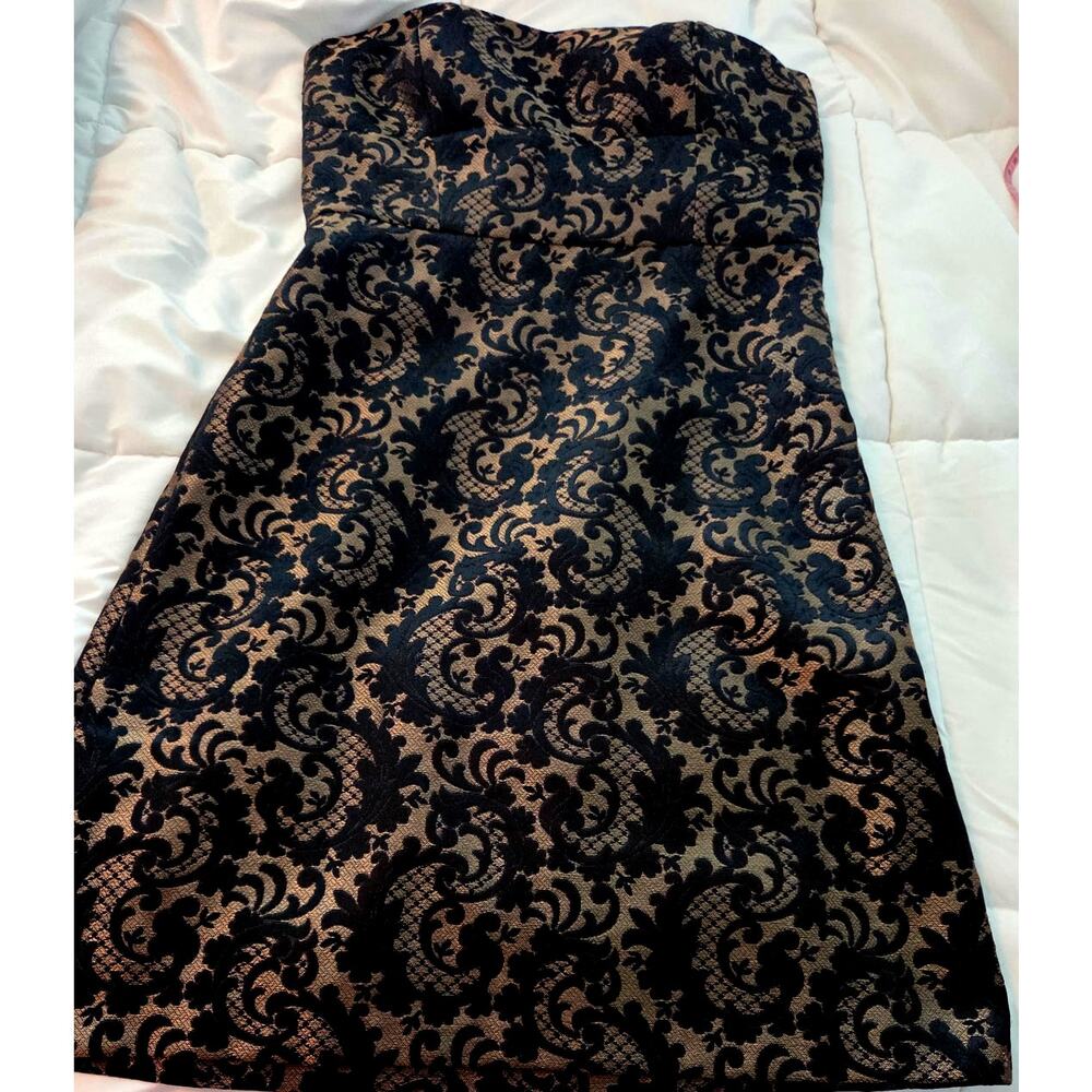 Ann Taylor LOFT Strapless Dress Black Gold Brocade Damask Size 6 Cocktail
